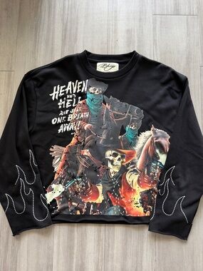 Graphic Skull Cowboy Sweatshirt - Black with Multicolor Print(Large)